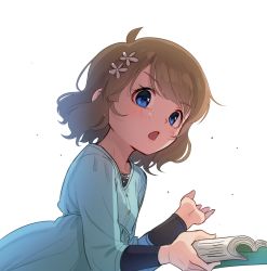 Rule 34 | 1girl, blue eyes, blush, book, brown hair, collarbone, flower, hair flower, hair ornament, holding, holding book, idolmaster, idolmaster million live!, kamille (vcx68), long sleeves, looking at viewer, open book, open mouth, short hair, solo, suou momoko, upper body