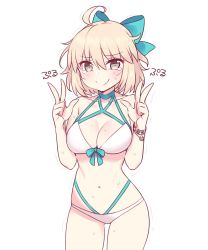 Rule 34 | ahoge, blonde hair, blue ribbon, blush, bracelet, brown eyes, chan co, double v, embarrassed, fate/grand order, fate (series), hair ribbon, highres, jewelry, navel, okita j. souji (fate), okita j. souji (third ascension) (fate), okita souji (fate), okita souji (koha-ace), ribbon, short hair, solo, stomach, sweat, swimsuit, tears, thigh gap, thighs, trembling, v, white background