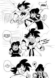 Rule 34 | 1girl, 2boys, absurdres, alternate universe, blush, bracelet, chi-chi (dragon ball), chinese clothes, claw pose, clenched teeth, comic, dodging, dougi, dragon ball, dragonball z, english text, father and son, fighting, funsexydb, greyscale, grin, hair bun, half-closed eyes, heart, highres, house, husband and wife, jewelry, long hair, monochrome, multiple boys, neckerchief, possessed, single hair bun, smile, son gohan, son goku, spoken heart, sweatdrop, teeth, thumbs up, torn clothes