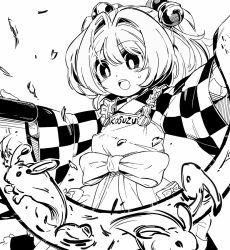 Rule 34 | 1girl, apron, bell, bow, bright pupils, checkered clothes, checkered kimono, greyscale, hair bell, hair ornament, holding, holding scroll, japanese clothes, kimono, long sleeves, maguro (mawaru sushi), monochrome, motoori kosuzu, open mouth, scroll, short hair, sweatdrop, touhou, two side up, upper body, white background, wide sleeves