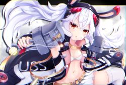 Rule 34 | 1girl, :o, action, aiming, aiming at viewer, animal ears, arm strap, azur lane, bare shoulders, belt, blush, bra, breasts, buckle, cannon, charging (attack), cleavage, clothes writing, collarbone, floating hair, fur-trimmed jacket, fur trim, groin, hair between eyes, hair ornament, hairband, headgear, highres, holding, holding weapon, jacket, laffey (azur lane), laffey (retrofit) (azur lane), long hair, long sleeves, looking at viewer, miniskirt, navel, off shoulder, open mouth, outside border, pleated skirt, rabbit ears, red eyes, red hairband, remodel (azur lane), searchlight, shiira (nya rl), shiny skin, silver hair, simple background, skindentation, skirt, small breasts, smoke trail, solo, stomach, thighhighs, thighs, turret, twintails, underwear, very long hair, weapon, white bra, white thighhighs, wind, wind lift