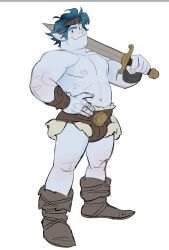Rule 34 | 1boy, bara, barley lightfoot, belly, blue hair, blue skin, blush, colored skin, forehead protector, full body, hand on own hip, highres, holding, holding sword, holding weapon, horikwawataru, loincloth, looking to the side, male focus, muscular, muscular male, nipples, onward, over shoulder, pectorals, pointy ears, short hair, smile, solo, sword, sword over shoulder, thick eyebrows, topless male, weapon, weapon over shoulder