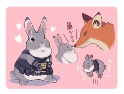 Rule 34 | animal, badge, bag, belt pouch, border, bulletproof vest, rabbit, clothed animal, disney, fox, green eyes, heart, hopping, ikuchi osutega, judy hopps, motion lines, multiple views, nick wilde, no humans, noses touching, pink background, police, police uniform, pouch, profile, purple eyes, red eyes, rounded corners, slit pupils, uniform, white border, zootopia
