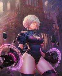 Rule 34 | 1girl, 2017, 2b (nier:automata), adapted costume, alternate eye color, arms at sides, artist name, black dress, black gloves, black hairband, black leotard, black ribbon, black thighhighs, breasts, building, cleavage, cleavage cutout, closed mouth, clothing cutout, cloud, cowboy shot, dated, dress, full moon, gloves, hair over one eye, hairband, highres, leotard, lips, looking at viewer, magic circle, make days, medium breasts, moon, nier:automata, nier (series), night, night sky, no blindfold, no mole, no pants, nose, one eye covered, outdoors, power gloves, puffy short sleeves, puffy sleeves, ribbon, rock, ruins, shards, short hair, short sleeves, shoulder pads, silver hair, sky, solo, standing, star (sky), starry sky, stone, thighhighs, thighs, turtleneck, upper body, vambraces, weapon, yellow eyes