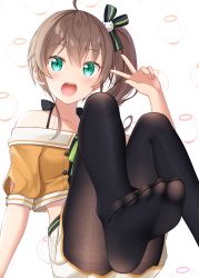 Rule 34 | 1girl, :o, ahoge, arm support, bare shoulders, blush, breasts, brown hair, collarbone, feet, fine fabric emphasis, foot up, green eyes, gurande (g-size), hair between eyes, hair ornament, highres, hololive, long hair, looking at viewer, natsuiro matsuri, natsuiro matsuri (1st costume), open mouth, pantyhose, ribbon, side ponytail, sitting, smile, soles, solo, thighband pantyhose, toes, virtual youtuber, w
