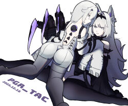 Rule 34 | 2girls, animal ears, ass, black bodysuit, black hairband, black sleeves, black thighhighs, blunt bangs, bodysuit, claw (weapon), claws, cross-shaped pupils, dated, detached sleeves, dress, dual persona, grey dress, grey hair, grey thighhighs, hair between eyes, hair intakes, hair ornament, hairband, hairclip, mechanical ears, mechanical parts, mismatched pupils, multiple girls, n4gi5nagi, no.21: feral scent (punishing: gray raven), no.21: xxi (punishing: gray raven), no.21 (punishing: gray raven), punishing: gray raven, sidelocks, sleeves past fingers, sleeves past wrists, subdermal port, suspenders, symbol-shaped pupils, thighhighs, twitter username, unkempt, weapon, wolf ears