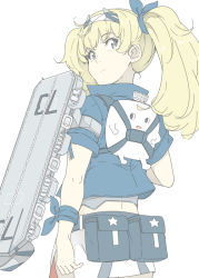 Rule 34 | 1girl, bag, blonde hair, blue eyes, blue shirt, closed mouth, flight deck, from behind, gambier bay (kancolle), gambier bay mk ii (kancolle), hair ribbon, hairband, head tilt, kantai collection, long hair, ninimo nimo, pouch, ribbon, rigging, shirt, short sleeves, simple background, skirt, solo, star (symbol), twintails, white background