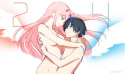 Rule 34 | 1boy, 1girl, black hair, blue eyes, breasts, character name, couple, darling in the franxx, eye contact, floating hair, groin, height difference, hiro (darling in the franxx), horns, hug, long hair, looking at another, medium breasts, mutual hug, nude, pink hair, sideboob, single horn, smile, spoilers, toma (norishio), twitter username, upper body, wings, zero two (darling in the franxx)