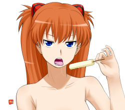 Rule 34 | 00s, 1girl, bad id, bad pixiv id, blue eyes, food, nagian, neon genesis evangelion, orange hair, out-of-frame censoring, popsicle, rebuild of evangelion, red hair, sexually suggestive, solo, souryuu asuka langley, tongue, topless