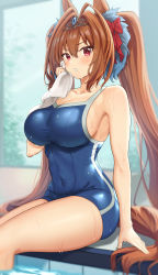 Rule 34 | 1girl, :o, animal ears, antenna hair, bare arms, bare shoulders, blue gemstone, blue one-piece swimsuit, blurry, blush, bow, breasts, brown hair, cleavage, collarbone, competition school swimsuit, competition swimsuit, covered navel, daiwa scarlet (umamusume), depth of field, drying, from side, gem, hair between eyes, hair bow, hair intakes, highres, horse ears, horse girl, horse tail, large breasts, long hair, looking at viewer, murousaisei123, one-piece swimsuit, open mouth, pool, red bow, red eyes, school swimsuit, scowl, sitting, skin tight, soaking feet, solo, swimsuit, tail, thighs, tiara, towel, twintails, umamusume, very long hair, wet