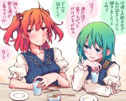 Rule 34 | 2girls, blue dress, blush, chopsticks, closed mouth, cup, dress, epaulettes, food, green eyes, green hair, hair bobbles, hair ornament, holding, holding cup, juliet sleeves, kitsune maru, long sleeves, looking at another, multiple girls, onozuka komachi, open mouth, plate, puffy sleeves, red eyes, red hair, shiki eiki, short hair, short sleeves, smile, speech bubble, touhou, translation request, two side up, upper body