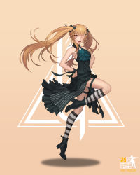 Rule 34 | 404 logo (girls&#039; frontline), absurdres, armpits, bare shoulders, black dress, black footwear, black ribbon, blush, boots, brown hair, dlalsrl03131, dress, floating hair, girls&#039; frontline, hair ornament, hair ribbon, hairclip, hands on own hips, high heel boots, high heels, highres, hopping, leg up, logo, long hair, looking at viewer, official alternate costume, one eye closed, open mouth, ribbon, scar, scar across eye, scar on face, simple background, sleeveless, sleeveless dress, smile, socks, solo, striped clothes, striped legwear, striped socks, thigh strap, thighs, twintails, ump9 (girls&#039; frontline), ump9 (the world&#039;s melody) (girls&#039; frontline), wrist ribbon