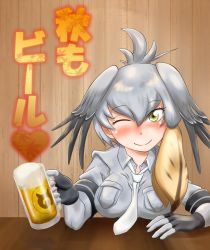 Rule 34 | 10s, 1girl, alcohol, bad id, bad pixiv id, beer, beer mug, between breasts, blonde hair, blush, bodystocking, breast pocket, breasts, closed mouth, collared shirt, cup, elbows on table, fingerless gloves, gloves, grey hair, grey shirt, hair between eyes, hair wings, hand on table, heart, highres, holding, holding cup, izumi nao, japari symbol, kemono friends, large breasts, looking at viewer, medium hair, mug, multicolored hair, necktie, necktie between breasts, one eye closed, pocket, shirt, shoebill (kemono friends), short sleeves, side ponytail, smile, solo, table, upper body, white necktie, wing collar, wooden table, wooden wall, yellow eyes