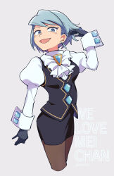 Rule 34 | 1girl, ace attorney, ascot, black gloves, black skirt, black vest, blue eyes, blue hair, capcom, cropped legs, earrings, franziska von karma, gem, gloves, grey background, grey pantyhose, hand in own hair, highres, jewelry, juliet sleeves, long sleeves, looking at viewer, mole, mole under eye, nono (norabi), open mouth, pantyhose, pencil skirt, puffy sleeves, shirt, short hair, simple background, skirt, smile, solo, vest, white shirt