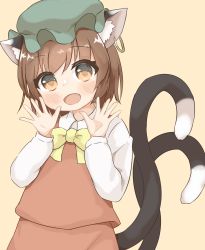 Rule 34 | 1girl, :d, absurdres, animal ears, bow, bowtie, brown eyes, brown hair, cat ears, cat tail, chen, earrings, fang, green hat, hands up, happy, hat, highres, jewelry, keyakko, long sleeves, looking at viewer, mob cap, multiple tails, nekomata, open mouth, pink background, single earring, smile, solo, tail, touhou, two tails, waving, yellow background, yellow bow, yellow bowtie