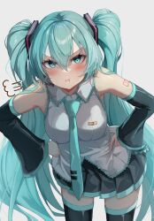 Rule 34 | 1girl, :t, puff of air, bare shoulders, belt, black skirt, black sleeves, black thighhighs, blue eyes, blue hair, blue necktie, blush, collared shirt, commentary request, cowboy shot, detached sleeves, frilled shirt, frills, hair between eyes, hair ornament, hands on own hips, hatsune miku, highres, index finger raised, kawasuru (15miclon), leaning forward, legs apart, long hair, long sleeves, looking at viewer, loose belt, miniskirt, necktie, number tattoo, pleated skirt, pout, shirt, sidelocks, skirt, sleeveless, sleeveless shirt, solo, tattoo, thighhighs, thighs, tie clip, twintails, v-shaped eyebrows, very long hair, vocaloid, white shirt, wing collar, zettai ryouiki