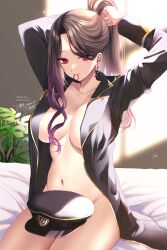 Rule 34 | 1girl, absurdres, aepro corp, black hair, black jacket, breasts, cleavage, commission, day, hair tie in mouth, hat, high ponytail, highres, indoors, jacket, kas aepro, large breasts, long hair, long sleeves, looking at viewer, mintxnao, mouth hold, naked jacket, navel, on bed, peaked cap, red eyes, signature, sitting, skeb commission, solo, thank you, tying hair, unworn headwear, virtual youtuber