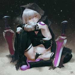 Rule 34 | 1girl, 21yc (september breeze), bandages, black thighhighs, blade, boots, fate/apocrypha, fate/grand order, fate (series), hood, hoodie, jack the ripper (fate/apocrypha), looking at viewer, nose, short hair, solo, spread legs, thigh boots, thighhighs, thighs, white hair, yellow eyes