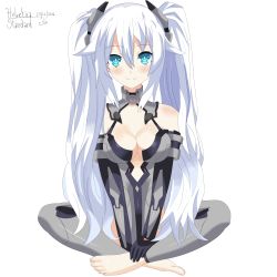 Rule 34 | 10s, 1girl, absurdres, barefoot, black heart (neptunia), blue eyes, breasts, cleavage, cleavage cutout, clothing cutout, feet, female focus, hands on feet, helvetica std, highres, leotard, long hair, neptune (series), noire (neptunia), solo, symbol-shaped pupils, twintails, very long hair, white hair