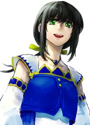 Rule 34 | 1girl, :d, black hair, detached sleeves, gensou suikoden, gensou suikoden v, green eyes, ikunosake, jewelry, long hair, long sleeves, looking at viewer, necklace, open mouth, simple background, smile, solo, viki (suikoden), white background