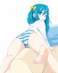 Rule 34 | 1girl, :o, ass, barefoot, blue eyes, blue hair, blue panties, bow, commentary, couch, from behind, hair bow, kunney, long hair, long sleeves, looking at viewer, looking back, lying, medium hair, no pants, on couch, on stomach, open mouth, original, panties, shirt, simple background, solo, striped clothes, striped panties, twintails, underwear, white background, white shirt, yellow bow
