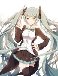 Rule 34 | 1girl, bow, bowtie, breasts, buttons, coat, coattails, collared shirt, eyebrows, eyelashes, green eyes, green hair, hand on own hip, hatsune miku, highres, holding, lengchan (fu626878068), long hair, long sleeves, looking at viewer, matching hair/eyes, pleated skirt, pointer, shirt, simple background, skirt, smile, solo, thighhighs, twintails, vocaloid, white background