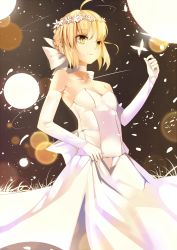Rule 34 | 1girl, absurdres, ahoge, alternate costume, artoria pendragon (all), artoria pendragon (fate), bare shoulders, blonde hair, braid, breasts, bug, butterfly, cleavage, dress, elbow gloves, fate/stay night, fate (series), french braid, gloves, green eyes, highres, insect, lucky (1045044604), saber (fate), small breasts, solo