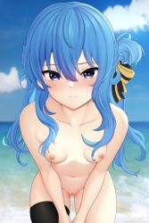 Rule 34 | 1girl, absurdres, blue eyes, blue hair, blush, breasts, cleft of venus, closed mouth, collarbone, foreshortening, hair between eyes, hair ribbon, highres, hololive, honon, hoshimachi suisei, long hair, looking at viewer, navel, nipples, nude, outdoors, pussy, ribbon, side ponytail, single thighhigh, small breasts, solo, star (symbol), star in eye, symbol in eye, thighhighs, uncensored, virtual youtuber