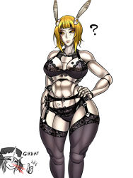 Rule 34 | 2girls, abs, armor, black bra, black garter straps, black panties, black sclera, black thighhighs, blonde hair, blood, blunt bangs, bra, breasts, closed mouth, colored sclera, colored skin, commentary request, cowboy shot, doll joints, faulds, garter straps, hand on own hip, haniyasushin keiki, highres, joints, joutouguu mayumi, lace, lace-trimmed thighhighs, lace garter belt, large breasts, looking at viewer, mole, mole under eye, multiple girls, navel, nosebleed, panties, pauldrons, ryuuichi (f dragon), shin guards, short bangs, short hair, shoulder armor, simple background, solo focus, standing, thighhighs, thumbs up, touhou, underwear, underwear only, white background, white skin, yellow eyes