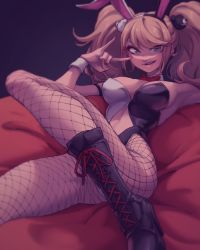 Rule 34 | 1girl, bear hair ornament, black footwear, black leotard, boots, bow, bowtie, breasts, center opening, danganronpa: trigger happy havoc, danganronpa (series), detached collar, enoshima junko, erlin 009, fish, grey eyes, hair ornament, hand up, high heel boots, high heels, highres, knee boots, large breasts, leotard, long hair, official alternate costume, playboy bunny, red bow, red bowtie, smile, teeth, twintails, white leotard