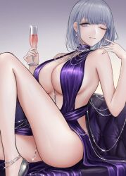 Rule 34 | 1girl, alternate costume, breasts, center opening, cleavage, couch, cup, dress, earrings, evening gown, filha, girls&#039; frontline, grey hair, hand up, highres, holding, holding cup, jewelry, knee up, large breasts, on couch, one eye closed, purple eyes, revealing clothes, rpk-16 (girls&#039; frontline), short hair, sideboob, sitting, solo