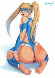 Rule 34 | 1girl, absurdres, anus, ass, ass support, bar censor, blonde hair, blue eyes, breasts, censored, cleft of venus, clothing aside, from behind, full body, has uncensored version, highres, leotard, leotard aside, lips, long hair, looking back, nidhoggn, nose, pussy, rainbow mika, sitting, slap mark, solo, spanked, street fighter, street fighter v, twintails, wariza, wrestling mask, wrestling outfit