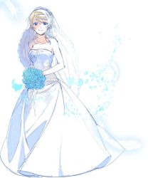 Rule 34 | 10s, 1girl, ayase eli, bad id, bad twitter id, bare shoulders, blonde hair, blue eyes, blush, bouquet, breasts, bridal veil, bride, cleavage, collarbone, dress, flower, formal, full body, gown, long dress, looking at viewer, love live!, love live! school idol festival, love live! school idol project, mochi sakura, petals, ponytail, sketch, skirt, smile, solo, strapless, strapless dress, swept bangs, veil, wedding dress, white dress