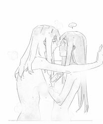 ... 2girls blush breasts commentary eye_contact from_side fujino_shizuru greyscale guri_gom highres kuga_natsuki large_breasts long_hair looking_at_another medium_breasts monochrome multiple_girls my-hime nude profile spoken_ellipsis steam wet yuri