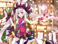 Rule 34 | 1girl, :d, bare shoulders, blue eyes, blush, boots, breasts, carousel, covered navel, dress, fate/grand order, fate (series), gloves, hat, long hair, looking at viewer, marie antoinette (fate), open mouth, petals, red dress, red gloves, rose petals, silver hair, sitting, small breasts, smile, solo, thigh boots, thighhighs, twintails, very long hair, yuzushiro (sei)