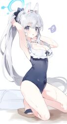 Rule 34 | 1girl, ?, alternate breast size, animal ear headphones, animal ears, armpits, blue archive, breasts, cleavage, collarbone, commentary request, fake animal ears, grey eyes, grey hair, hair ornament, headphones, highres, kneeling, looking at viewer, medium breasts, meunhongcha, miyako (blue archive), miyako (swimsuit) (blue archive), official alternate costume, ponytail, sandals, simple background, swimsuit, white background