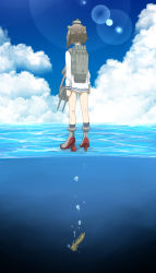 Rule 34 | 10s, 1girl, blue sky, brown hair, cannon, cloud, day, dress, hat, highres, horns, kantai collection, machinery, sailor dress, short hair, sky, solo, standing, standing on liquid, tsukamoto minori, water, white dress, yukikaze (kancolle)