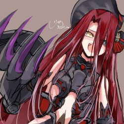 Rule 34 | 1girl, bare shoulders, black headwear, bonnet, breasts, claw (weapon), claws, fate/grand order, fate (series), grey eyes, hair between eyes, heterochromia, long hair, looking at viewer, red hair, small breasts, smile, solo, tsuyuri (5/7), typhon ephemeros (fate), very long hair, weapon, yellow eyes