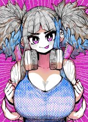 Rule 34 | 1girl, black hair, blue hair, blue shirt, blush, breasts, cleavage, clenched hands, colored skin, headphones, headphones around neck, highres, huge breasts, ink (medium), jacket, large breasts, limited palette, multicolored hair, purple background, satsuki ouhara, shirt, smile, solo, streaked hair, teihen no daigaku janaru, tongue, tongue out, traditional media, twintails, upper body, white jacket, white skin, zyugoya
