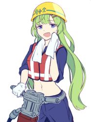 Rule 34 | 1girl, :d, assault lily, blue eyes, blue pants, blue shirt, commentary request, construction worker, cowboy shot, crop top, gloves, green hair, hair ornament, hairclip, hand up, hard hat, helmet, high-visibility vest, highres, holding, holding towel, jackhammer, kawabata hotaru, long hair, looking at viewer, midriff, navel, nekomint, open mouth, pants, red vest, shirt, simple background, sleeves past elbows, sleeves rolled up, smile, solo, stomach, sweatdrop, towel, towel around neck, very long hair, vest, wavy hair, white background, white gloves, wiping face, wiping sweat, yellow headwear