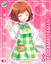 Rule 34 | 1girl, apron, bow, brown eyes, brown hair, card, closed eyes, girlfriend (kari), green bow, green skirt, hand on own hip, holding, ladle, lid, official art, open mouth, pink background, plaid, plaid skirt, pocket, qp:flapper, shirt, skirt, smile, solo, tagme, white shirt, yamano kodama