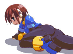 Rule 34 | 1girl, aile (mega man zx), artist request, ass, bodystocking, bodysuit, breasts, brown hair, gloves, green eyes, layered sleeves, long sleeves, mega man (series), mega man zx, short hair, short over long sleeves, short sleeves, skin tight, solo, spandex