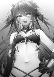 Rule 34 | 1girl, :d, bare shoulders, bikini, black bikini, breasts, collar, dragon horns, earrings, elbow gloves, fang, gloves, gradient background, greyscale, hair between eyes, halterneck, hand on own hip, highres, horns, jewelry, long hair, looking at viewer, monochrome, multi-strapped bikini, navel, official art, open mouth, revealing clothes, seiken gakuin no maken tsukai, single elbow glove, small breasts, smile, solo, stomach, swimsuit, toosaka asagi, two side up, upper body, veira (seiken gakuin no maken tsukai)