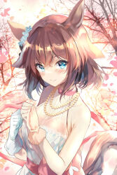 Rule 34 | 1girl, absurdres, animal ears, asymmetrical gloves, blue eyes, blush, breasts, clenched hands, closed mouth, dress, ear ornament, gloves, hair between eyes, hair ornament, highres, horse ears, horse girl, jewelry, looking at viewer, medium breasts, medium hair, mismatched gloves, necklace, official alternate costume, pearl necklace, pink hair, sakura chiyono o (fleur enneigee) (umamusume), sakura chiyono o (umamusume), simple background, sleeveless, smile, solo, tree, umamusume, uu-tan (hushigi10)