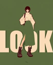 Rule 34 | 1girl, black hair, blending, boots, brown footwear, english text, expressionless, green background, green skirt, highres, long skirt, long sleeves, looking at viewer, original, puffy long sleeves, puffy sleeves, shirt, short hair, side slit, signature, simple background, skirt, sleeves past wrists, solo, standing, syooooyoooo, white shirt, wide shot