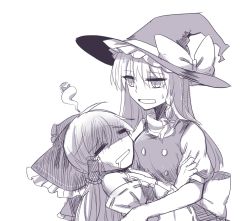 Rule 34 | 2girls, = =, bow, breasts, carrying, d:, detached sleeves, drooling, drunk, giving up the ghost, hair bow, hair tubes, hakurei reimu, halo, hangover, hat, holding, hug, keiko (emoticon), kirisame marisa, large bow, long hair, monochrome, multiple girls, open mouth, puffy short sleeves, puffy sleeves, purple theme, short sleeves, small breasts, sweat, touhou, vest, witch hat