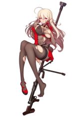 Rule 34 | 1girl, ahoge, anti-materiel rifle, blonde hair, blush, bodysuit, bolt action, breasts, collar, covering privates, covering breasts, earrings, evan yang, full body, garter straps, girls&#039; frontline, gun, high heels, jacket, jewelry, large breasts, letter, long hair, looking at viewer, mouth hold, pink eyes, ptrd-41, ptrd (girls&#039; frontline), rifle, shoes, single shoe, sniper rifle, solo, torn clothes, transparent background, valentine, very long hair, weapon, white background