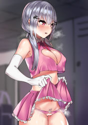 Rule 34 | 1girl, absurdres, bar censor, bare shoulders, blush, breasts, censored, cheerleader, cleavage, cleavage cutout, clothes lift, clothing cutout, crotchless, crotchless panties, dress, female pubic hair, gloves, hair between eyes, hakase fuyuki, heart cutout, hetero, highres, karin (a62826704), large breasts, lifting own clothes, looking to the side, midriff, nail polish, nijisanji, open mouth, panties, pink dress, pink panties, pink skirt, pubic hair, pussy, pussy juice, red neckwear, shy, skirt, skirt lift, solo focus, stomach, teeth, thighs, underwear, virtual youtuber, white gloves, white hair