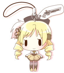 Rule 34 | 10s, 1girl, beret, black eyes, blonde hair, boots, cellphone charm, cellphone strap, character charm, character doll, charm (object), chibi, corset, doll, drill hair, full body, gun, hat, magical musket, mahou shoujo madoka magica, mahou shoujo madoka magica (anime), mirai (sugar), puffy sleeves, rifle, simple background, smile, solo, thighhighs, tomoe mami, weapon