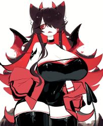 Rule 34 | animal ear fluff, animal ears, bare shoulders, breasts, brown hair, choker, cleavage, cross-shaped pupils, demon girl, demon horns, demon tail, demon wings, fang, fox ears, hands in pockets, horns, huge breasts, jacket, looking to the side, multicolored hair, navel, one eye covered, open clothes, open jacket, original, red eyes, red hair, red jacket, skin tight, symbol-shaped pupils, tail, thick thighs, thighhighs, thighs, usa37107692, wide hips, wings, zettai ryouiki